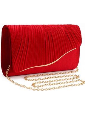 Women's Red Evening Clutch Elegant Ruched Formal Wedding Party Handbag